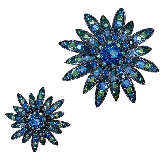 Vintage Joan Rivers Brooch Scatter Pins Swarovski Crystal Signed Blues & greens - Picture 2 of 13
